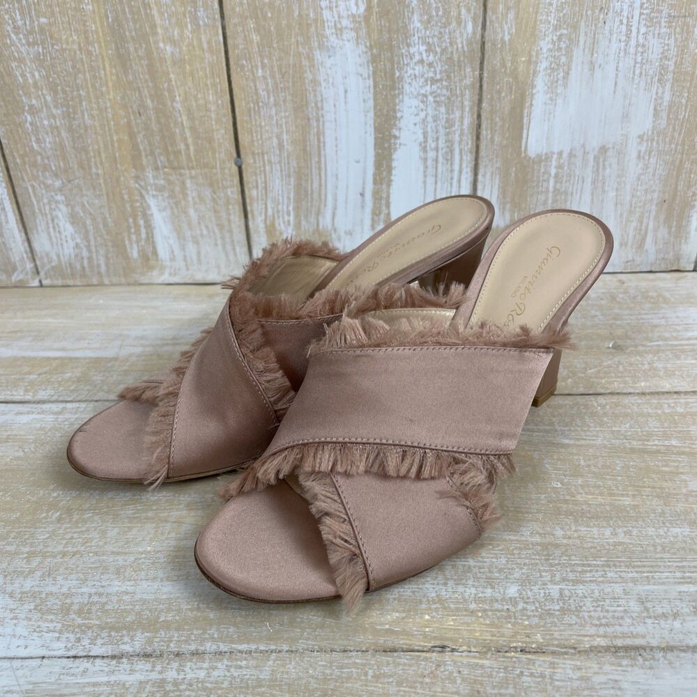 Gianvito Rossi Sandals Crossover Frayed Edges Chunky Heel Satin Pink 37½ Italy